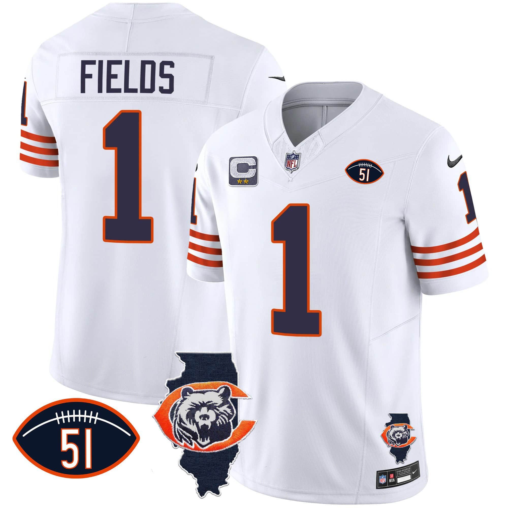 Men Chicago Bears #1 Fields White 2024 Nike Throwback Illinois Patch Vapor NFL Jersey->indianapolis colts->NFL Jersey